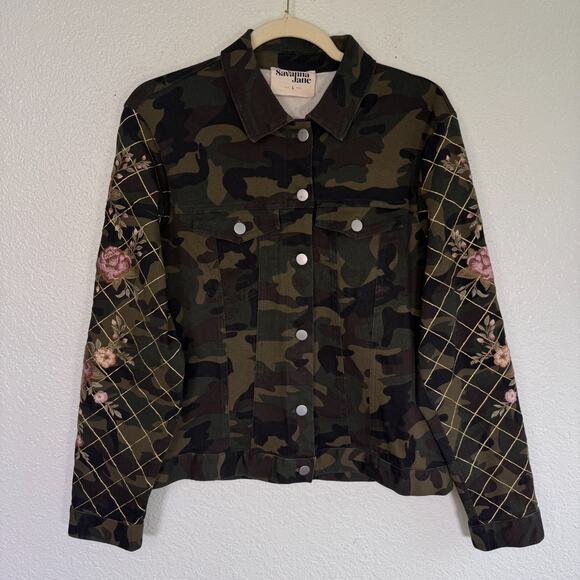 Savanna Jane Jackets & Blazers - Savanna Jane Jacket Womens Large Camo Embroidered Floral Stretch Denim Boho L